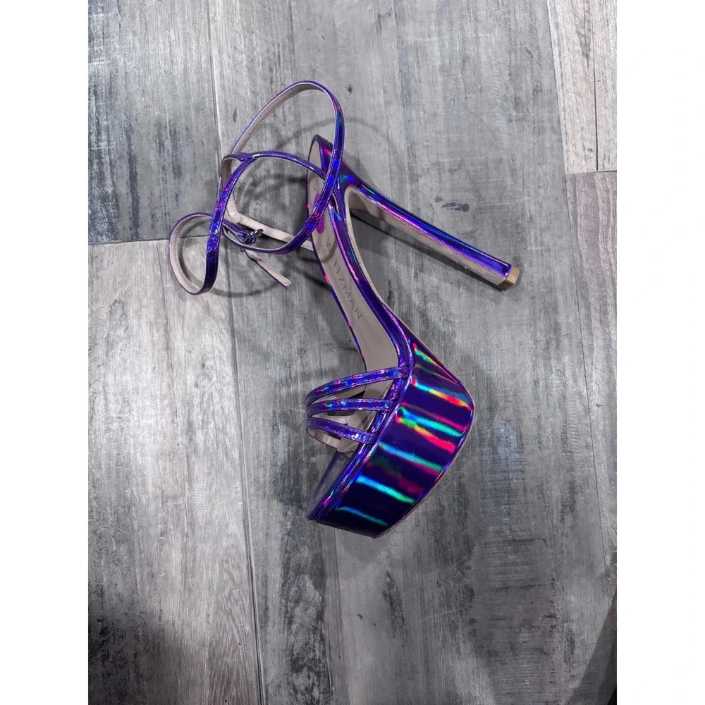 Stuart Weitzman Skyhigh 145 Purple Holographic Strappy Platform Sandal NWOT 8.5